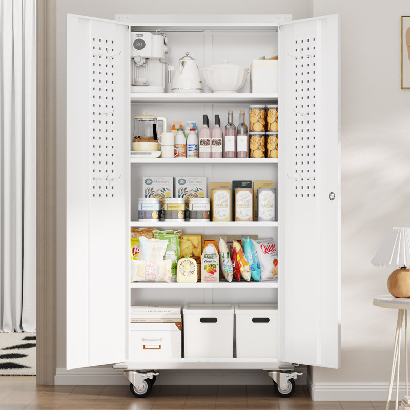 Metal Garage Storage Cabinets with Wheels & Pegboard, Rolling Tool Cabinet with Lockable Doors and 4 Adjustable Shelves, White(72" H×32" W×16" D)
