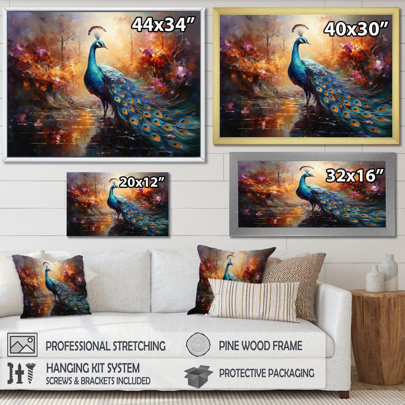 «Peacock Expressionist Portrait II», art mural sur toile paon, H 34 po x l 44 po x P 1,5 po, Cadre flottant noir