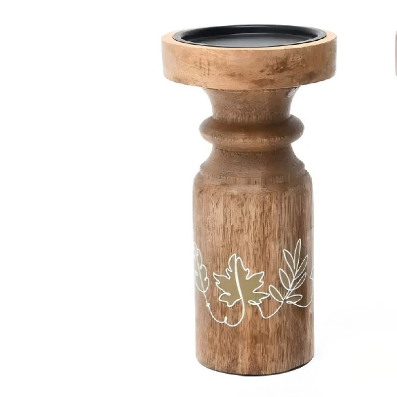 Ensemble de porte-bougie rustique en bois, porte-piliers en bois de manguier 6 po et 8 po avec motif de feuilles peintes à la main pour présentoir de table 3,3 lb