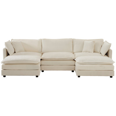 5 canapé d'angle convertible avec 2 repose-pieds, canapé modulaire en U, tissu chenille beige, canapé de salon minimaliste moderne, en chenille, design pour une configuration élégante