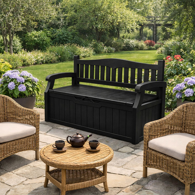 80 Gallon Outdoor Waterproof Resin Storage Bench with Lockable Design for Patio Furniture, Pool Accessories, Black