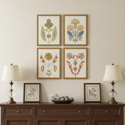 Set Of Four Folk Flourish Gold Framed Print Wall Art