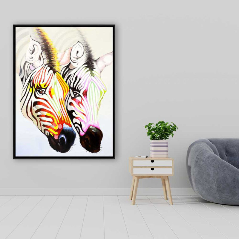 Couple of Colorful Zebras - Wildlife Canvas Black Frame Decor