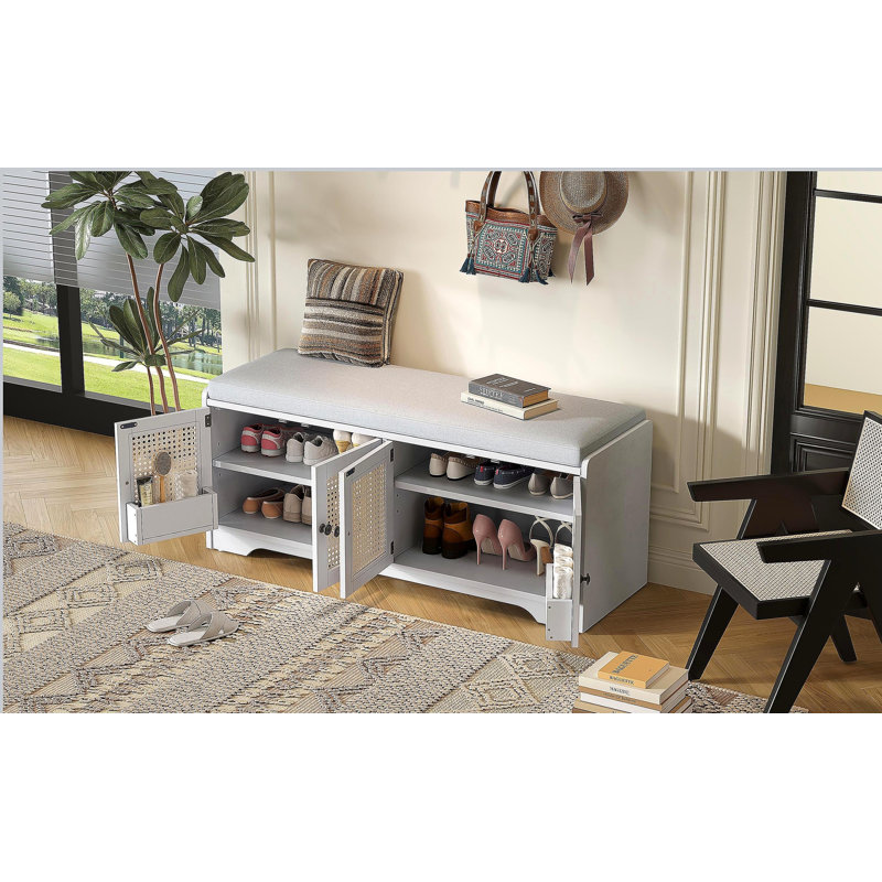 Banc de rangement rustique multifonctionnel pour chaussures avec coussin amovible, Beige / Blanc