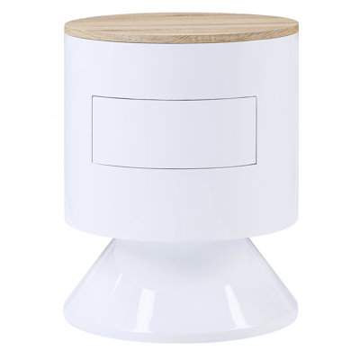 White High Gloss And Natural 1-Drawer Drum Nightstand