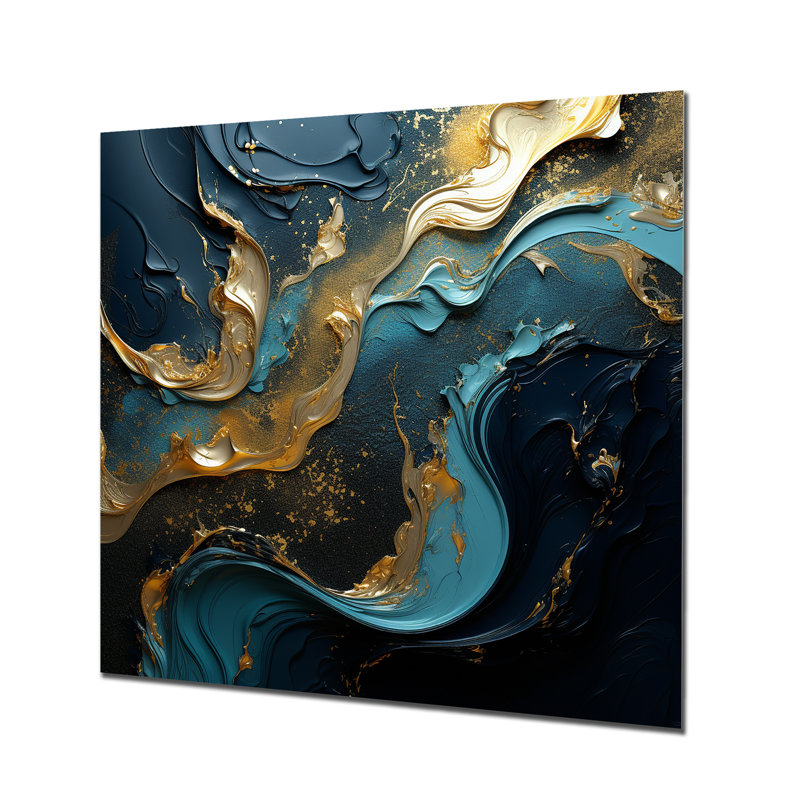 Liquide, art turquoise or - encre liquide, art mural abstrait, salon, Pas de métal encadré, H 36 po x l 36 po x P 1,5 po