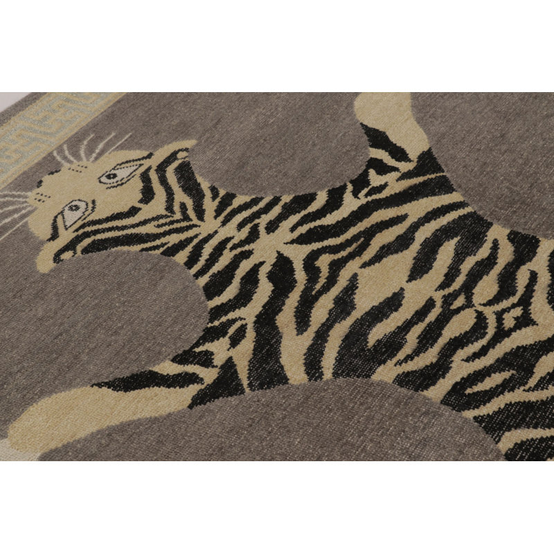 Rug & Kilim’S Distressed Tiger Rug In Taupe With Beige And Black Pictorial