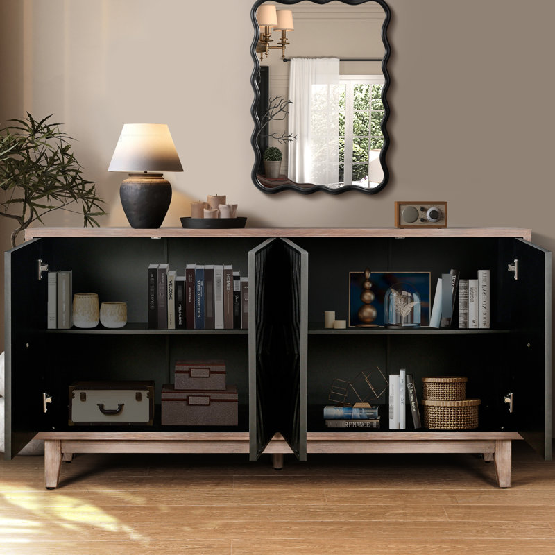 Grande armoire de rangement avec 4 portes à motif concave et convexe - 2 tablettes Mid-Century, Noir