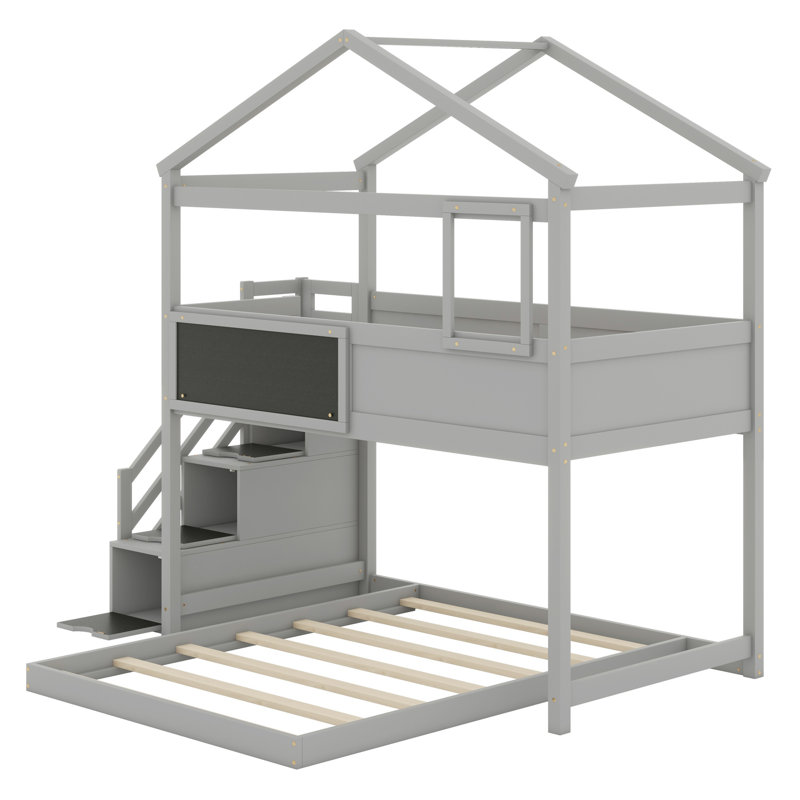 House Bunk Bed With Storage Staircase And Blackboard, Gray