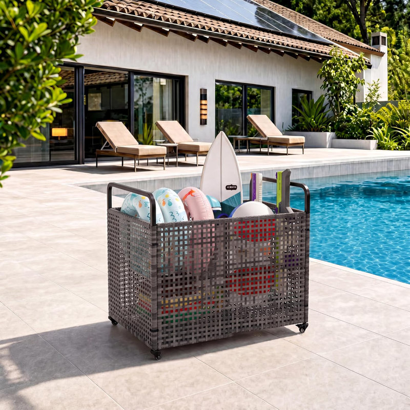 Pool Float Storage Organizer with Wheels & handrail, Large Outdoor Mesh Rolling Cart for Pool Noodles, Toys, Floats, Equipment, Heavy-Duty Pool Storage Bin with Locking Casters