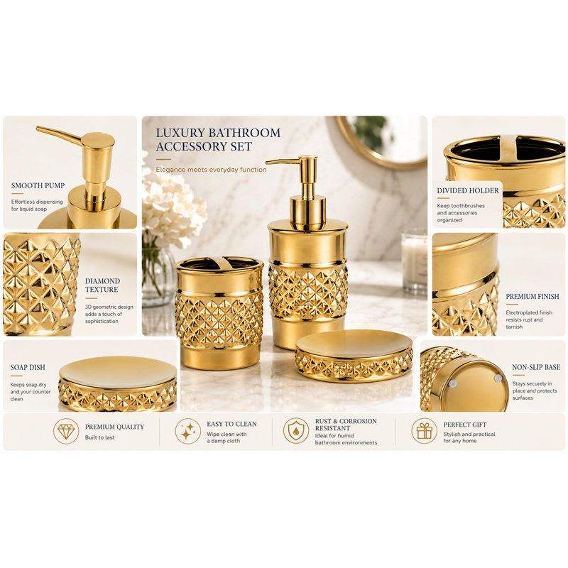 3-Piece Gold Ceramic Bathroom Accessories Set