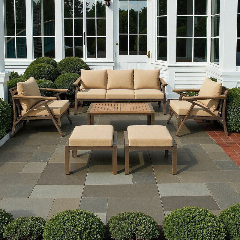 Ensemble de meubles de patio 6 pièces avec canapé en acier, fauteuils, repose-pieds et table en bois d'acacia, Brun