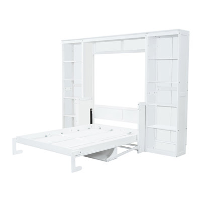Lit double avec bureau et bibliothèque en blanc - Espace et bibliothèque, meuble peu encombrant