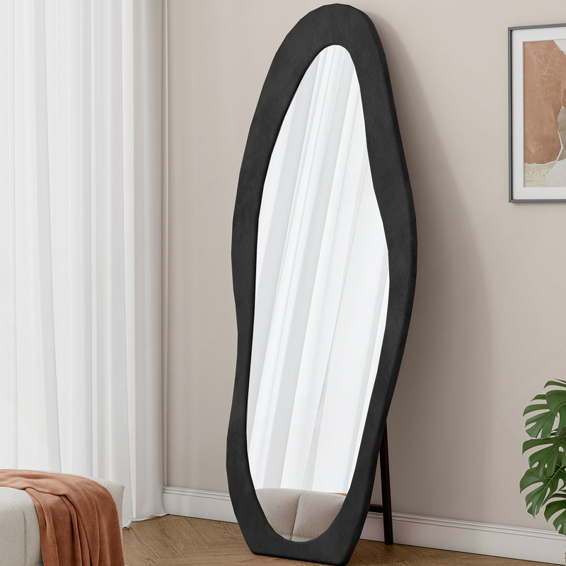 Full Length Mirror,Wooden Frame Floor Mirror,Irregular Wavy Mirror For Bedroom, Living Room, Dressing Room, Black