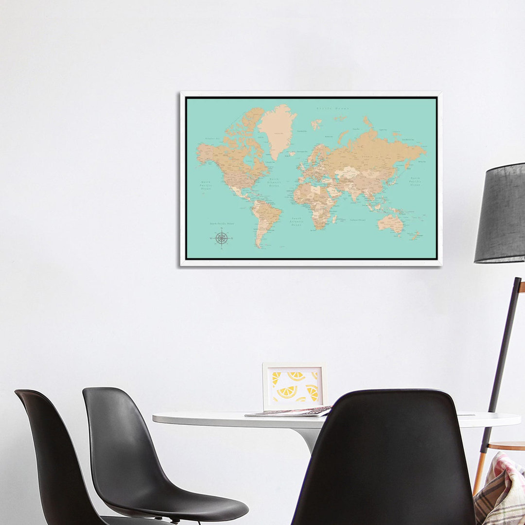 Vintage Style Teal And Brown World Map With Cities by Blursbyai - Gallery- Giclée on Canvas