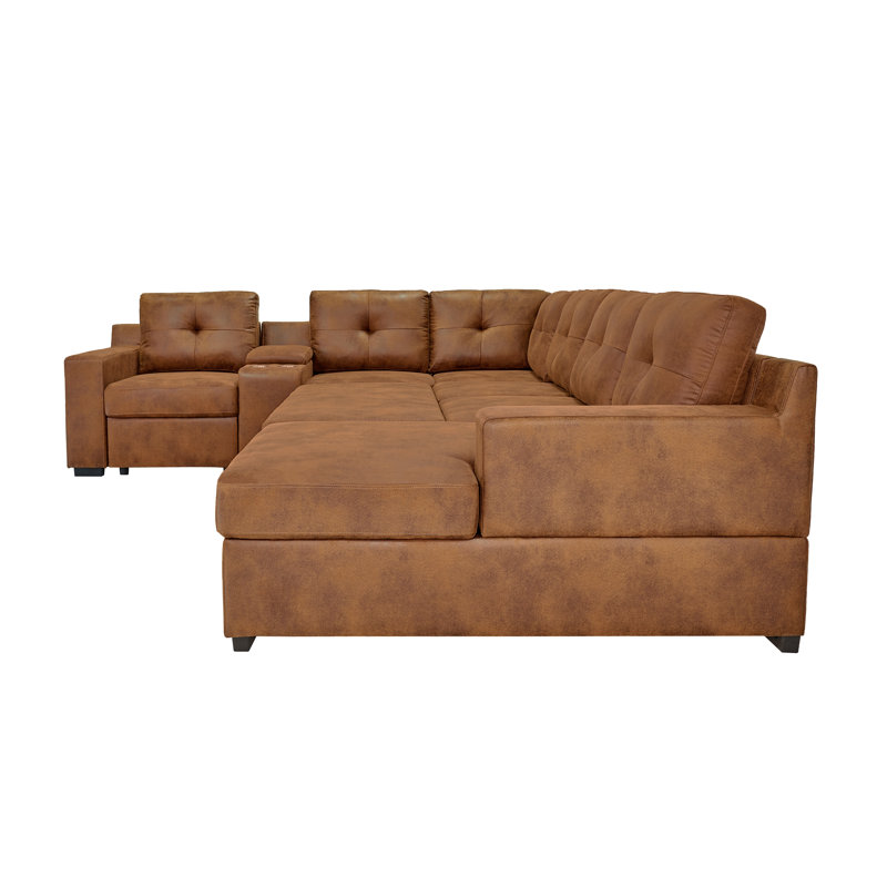 Canapé d'angle en forme de U avec lit gigogne et méridienne, rangement et console, Brown