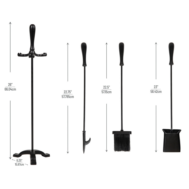 Black Wrought Iron and Steel Fireplace Tool Set with Stand