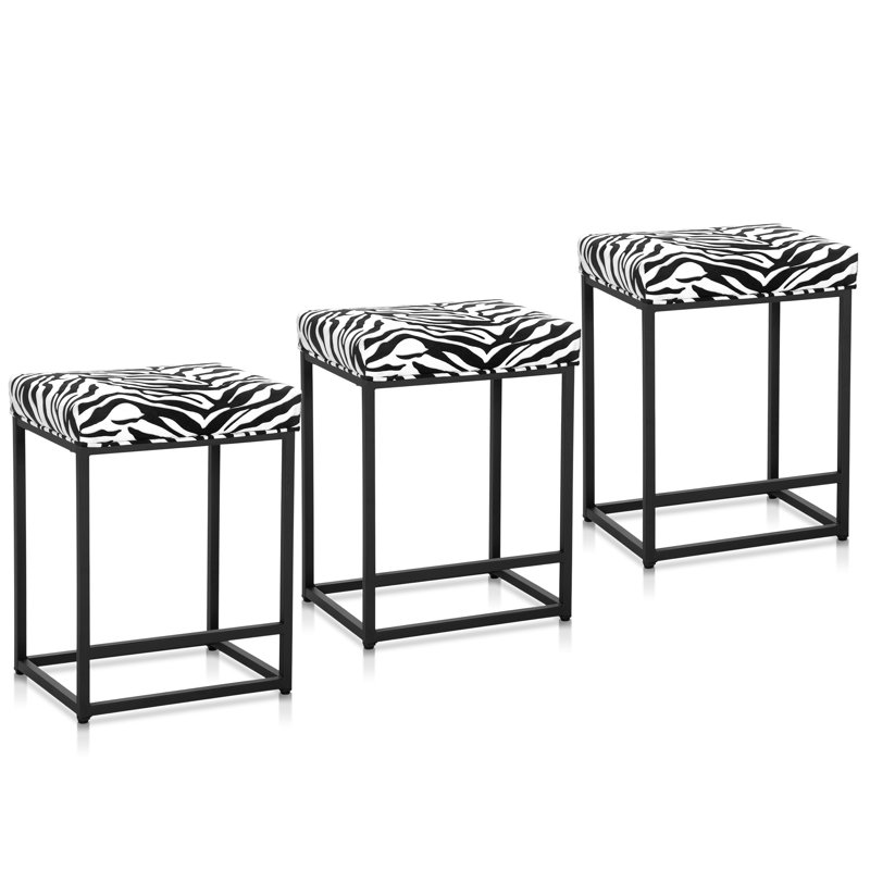Tuckerman Industrial Bar Stools Set - Rust Steel Frame with Foam Cushions & Anti-Slip Pads, Black/White Animal Print, 3