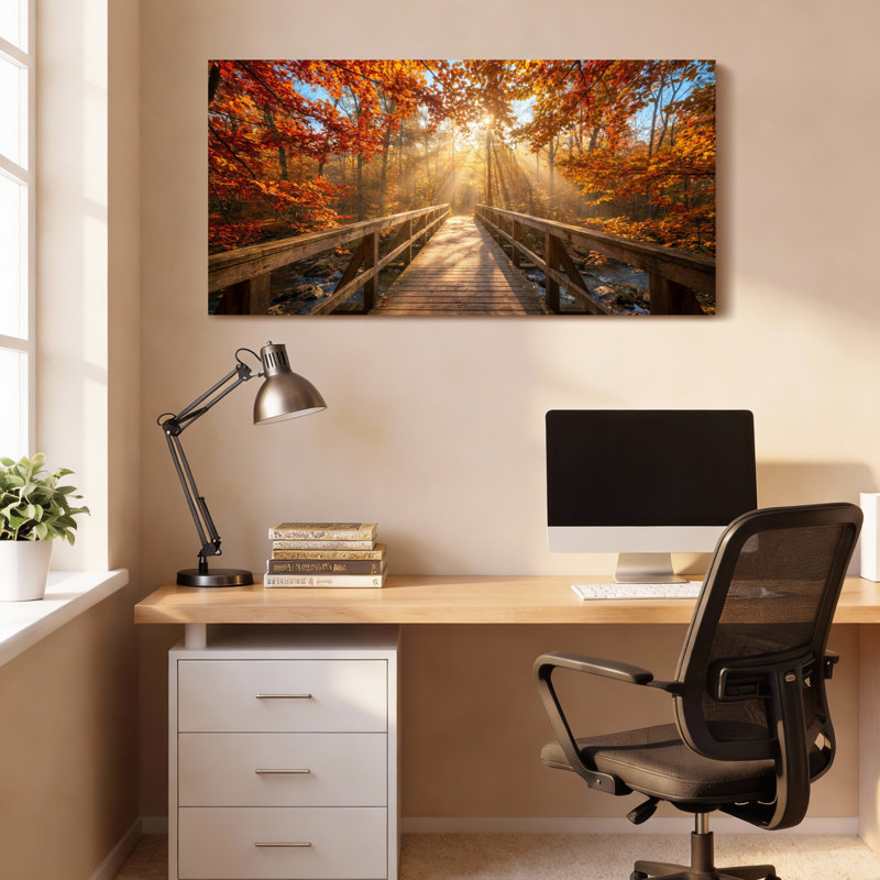 Ensemble de 1 tableau sur toile tendue représentant un pont dans la forêt d'automne, H 24 po x l 48 po