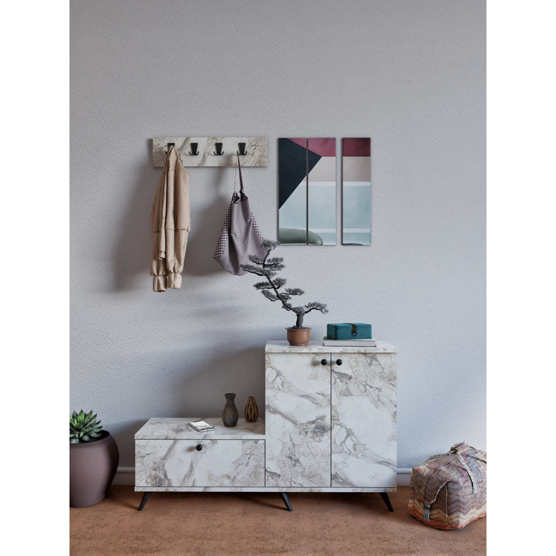 Modern Hall Stand with Shoe Cabinet & Coat Rack, Ephesus Marble, 47.2 x 29.9 x 11.8 inches | 100% Melamine Coated Particle Board, 0.71 inches Thick | Includes Drawer & Numerous Shelves, Wall-Mountable Design