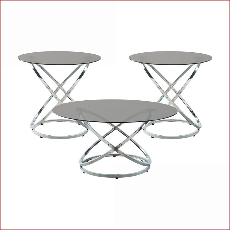 Ensemble de tables basses 3 pièces Modern - Verre trempé noir et base chromée pour le salon, facile à nettoyer