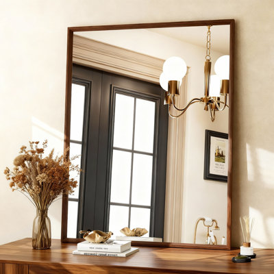 Miroir de salle de bain rectangulaire en noyer avec grain de bois et miroir mural