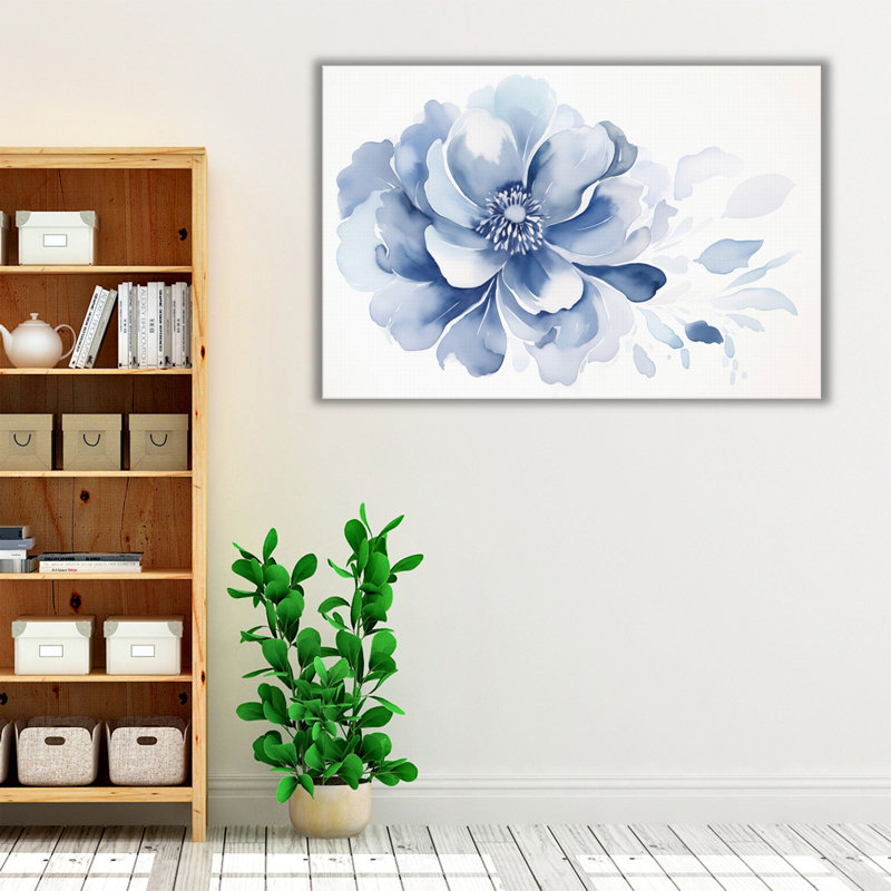 Impression d'art floral bleu marine marine, Toile avec cadre brun, H 16 po x l 24 po x P 1,25 po