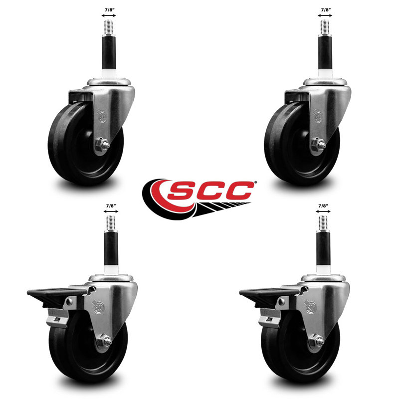 Phenolic Wheel Swivel Expand Stem Caster Set 2 Brakes SCC PLB 4" x 7/8"