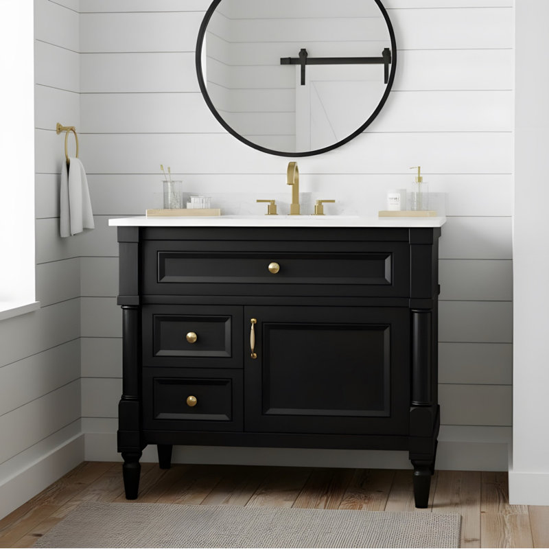 Meuble-lavabo autoportant de 36 po avec lavabo en céramique, tiroirs rabattables et tablettes réglables, Noir