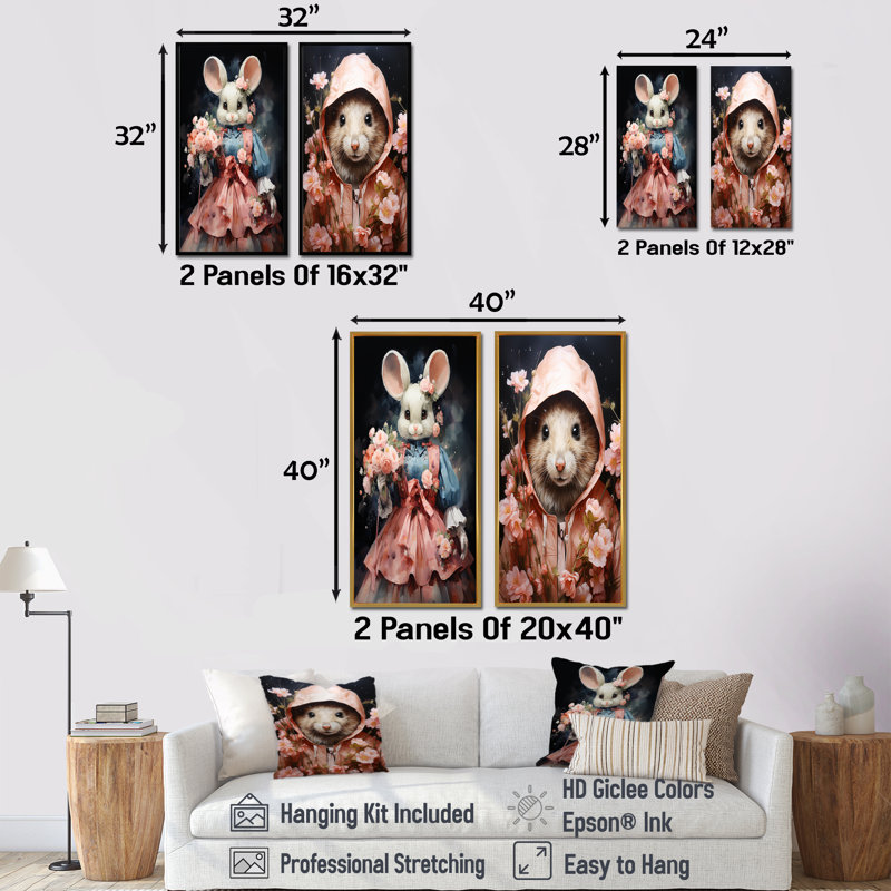 Souris élégante rococo, élégance en robe rose I - ensemble de 2 rongeurs sur toile, Toile tendue, H 28 po x l 25 po