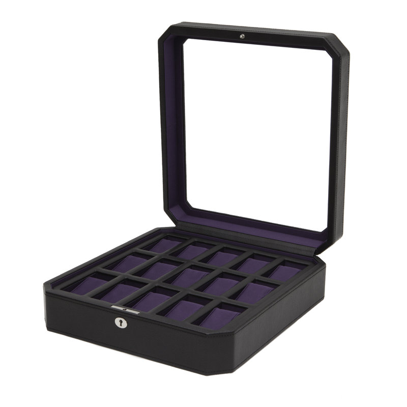 Wood Watch Box + Locking, Black/Purple