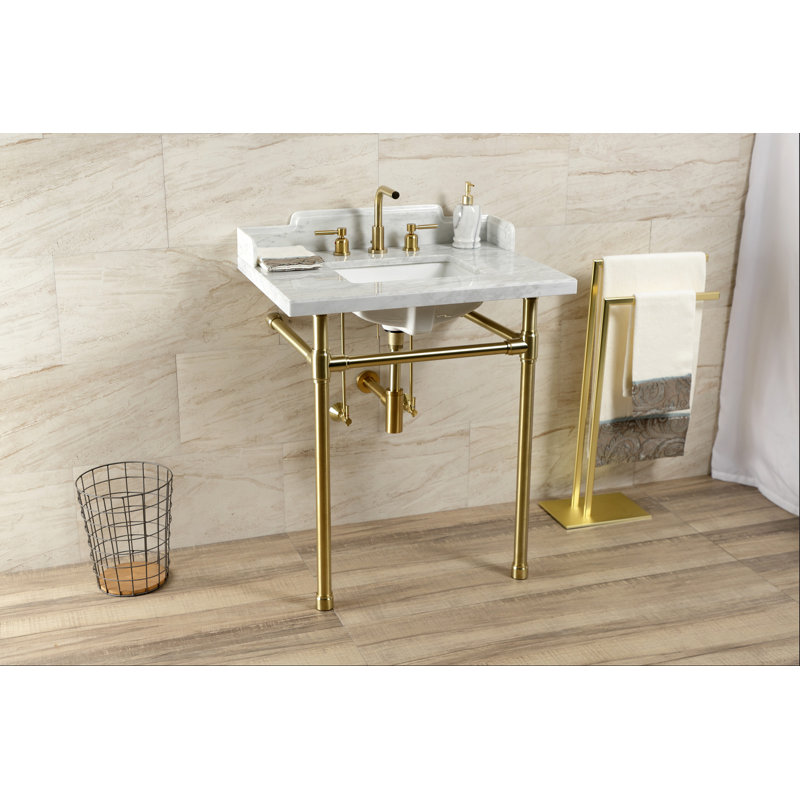 Kingston Brass Wesselman 30-Inch Carrara Marble Console Sink with Stainless Steel Legs (8-Inch, 3-Hole)