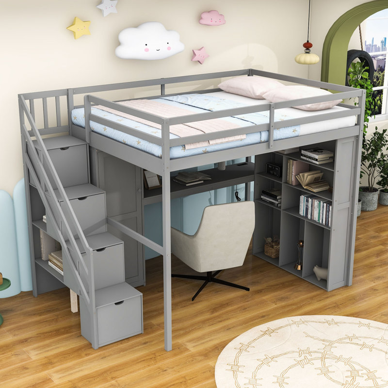 Full Wood Loft Bed with LED Light, Wardrobe, Desk and Shelves, Gray