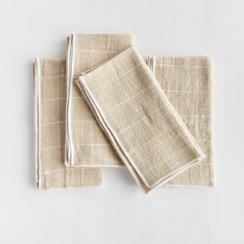 Ensemble de 4 serviettes de table Eggett Toile, À damier, Taupe / Blanc, Couture droite