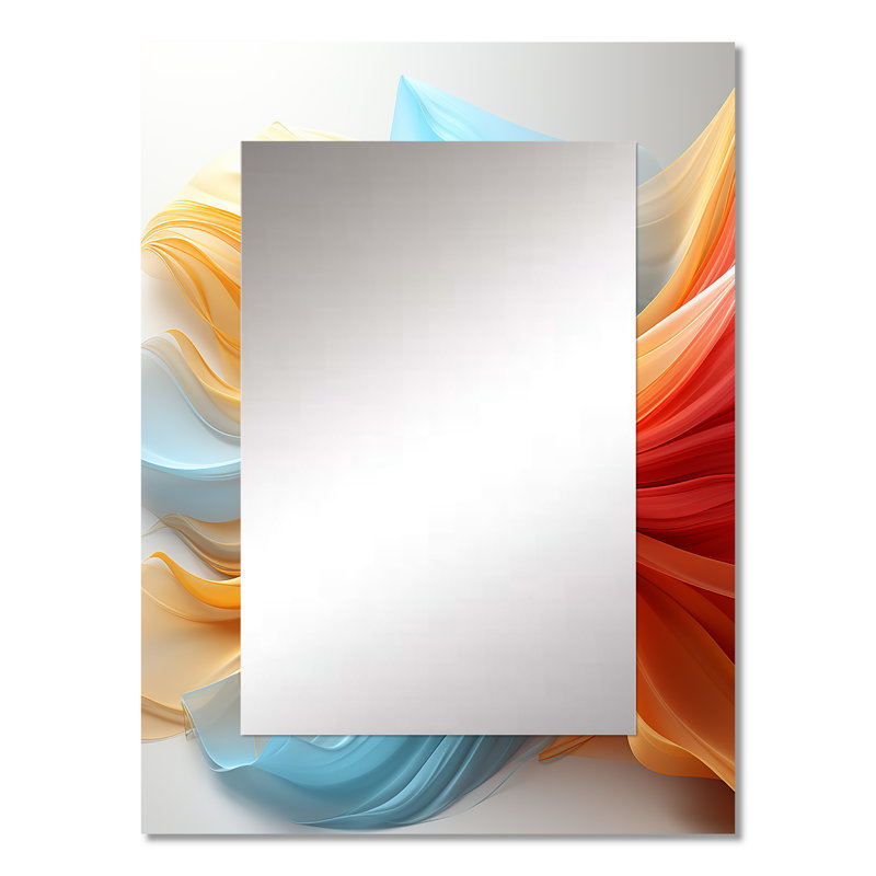 Miroir mural contemporain à vagues abstraites orange et bleu - encre liquide, grand miroir rouge, impression sur métal