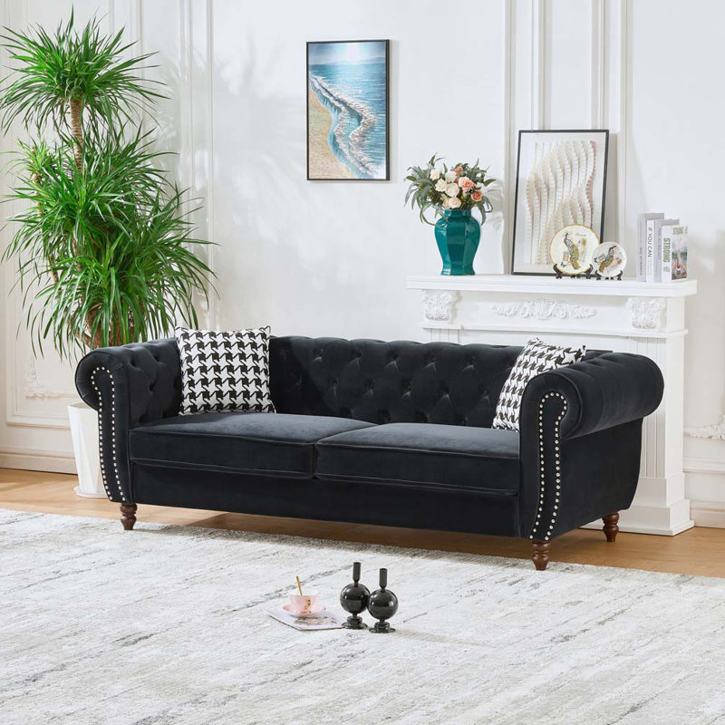 Canapé 3 places en velours avec accoudoirs, H 29 po x l 87 po x P 33 po, 3, Noir