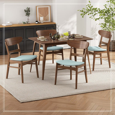 Mid-Century Modern 5-Piece Dining Set, Rubberwood Frame, One Table and 4 Upholstered Chairs, Walnut + Mint