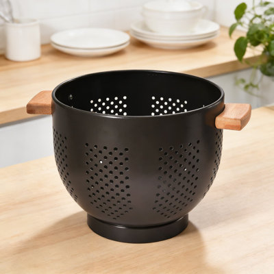 Colander With Wooden Handle And Stable Base, Large Kitchen Strainer Basket For Draining Pasta, Vegetables, And Fruits