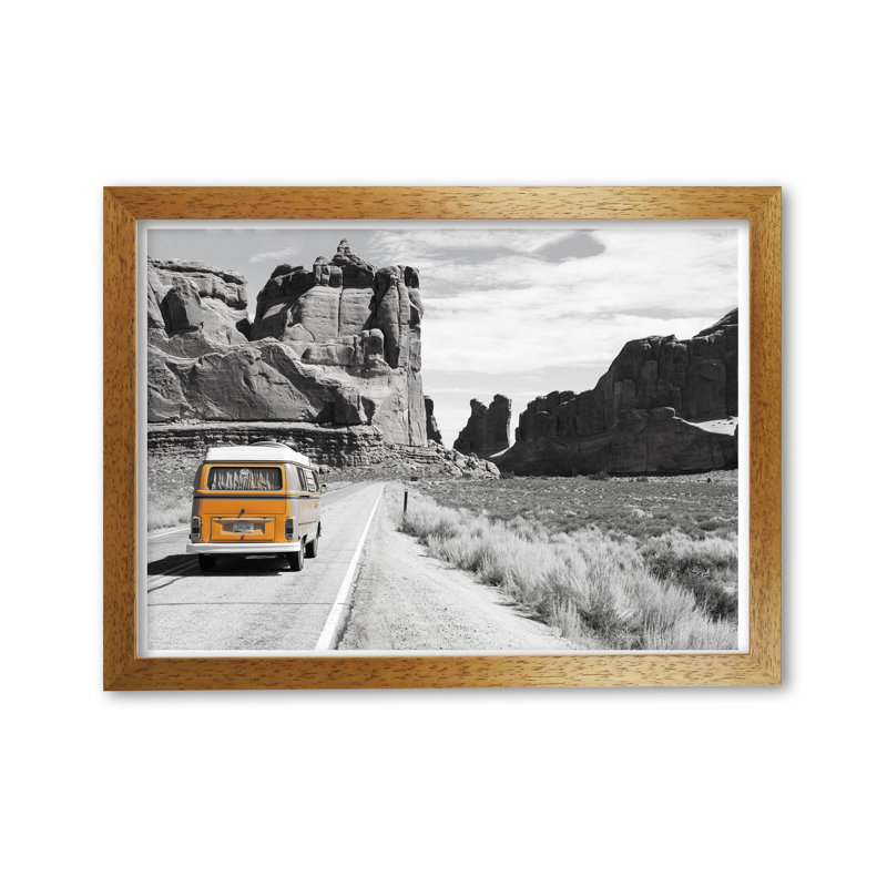 Orange Camper Van - Print, Honey Oak Frame, 42 cm H x 30 cm W x 5 cm D