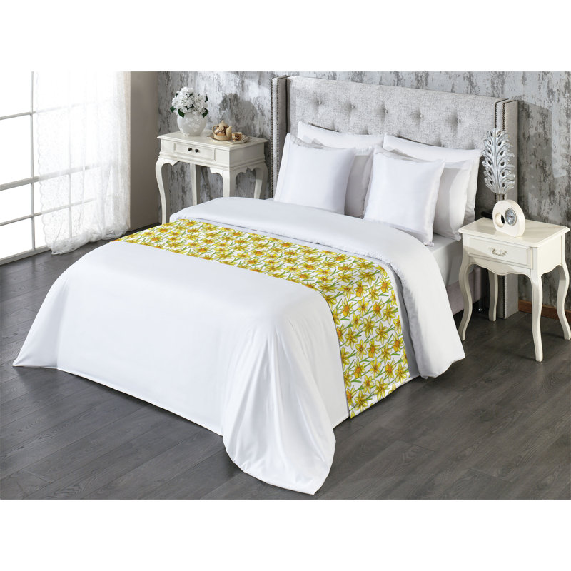 Chemin de lit floral Ambesonne Bouquet de jonquilles fleurs d'abricot jaune et vert, Grand lit