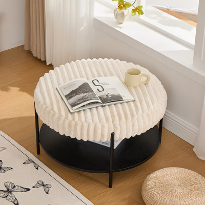 Repose-pieds de table basse avec repose-pieds rond de 30,9 po de largeur avec repose-pieds en métal noir, repose-pieds avec tablette de rangement ouverte en bois, repose-pieds en fausse fourrure pour le salon, l'entrée et la chambre de l'hôtel. Beige