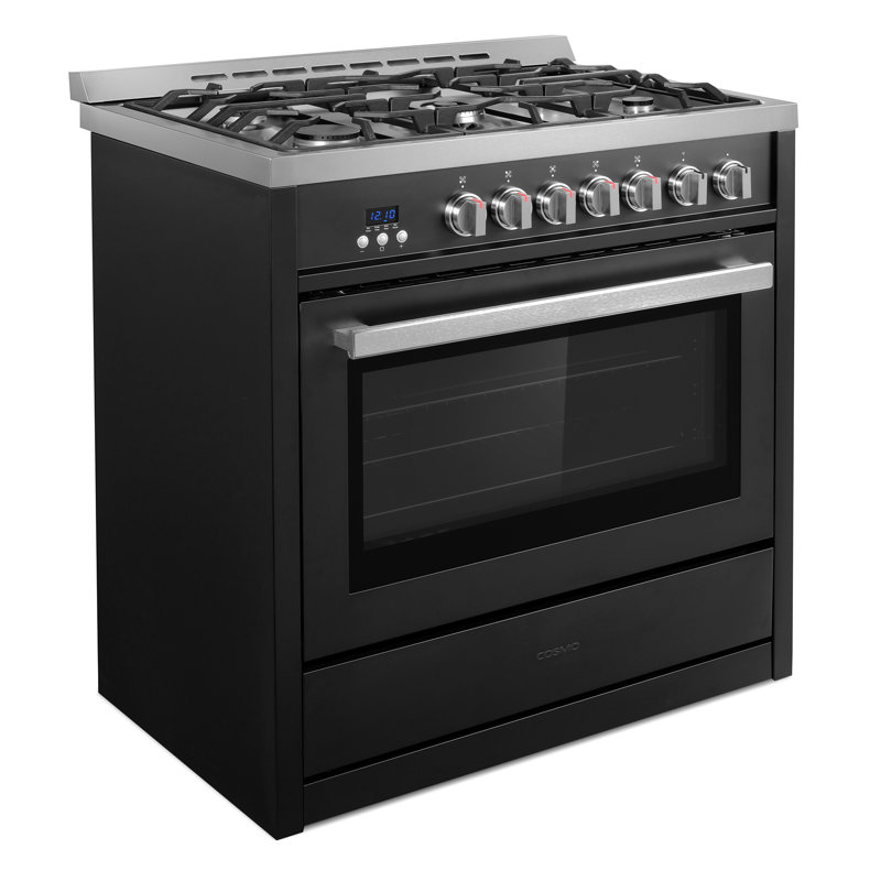 Cosmo 36 In. Nebula Collection 3.8 Cu. Ft. Gas Range, 5 Burners, Rapid Convection Oven, Cast Iron Grates In Matte Black