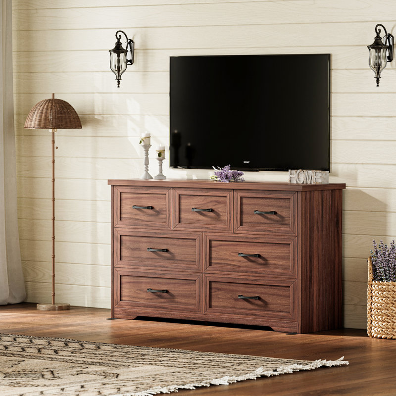 Commode horizontale avec 7 tiroirs élégants rustiques, Brun