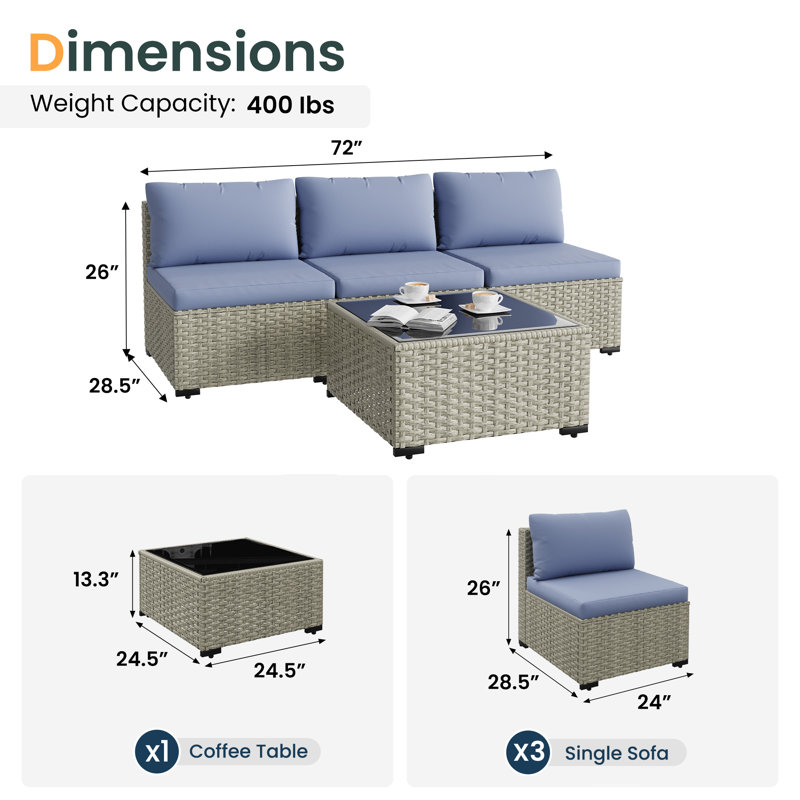 Ensemble de canapé d'extérieur en osier pour 2 personnes avec coussin, Bleu