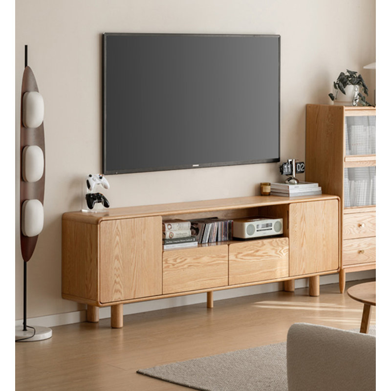 Meuble télé en bois de chêne massif avec armoires de rangement et tiroirs, H 25,6 po x l 70,9 po x P 13,8 po