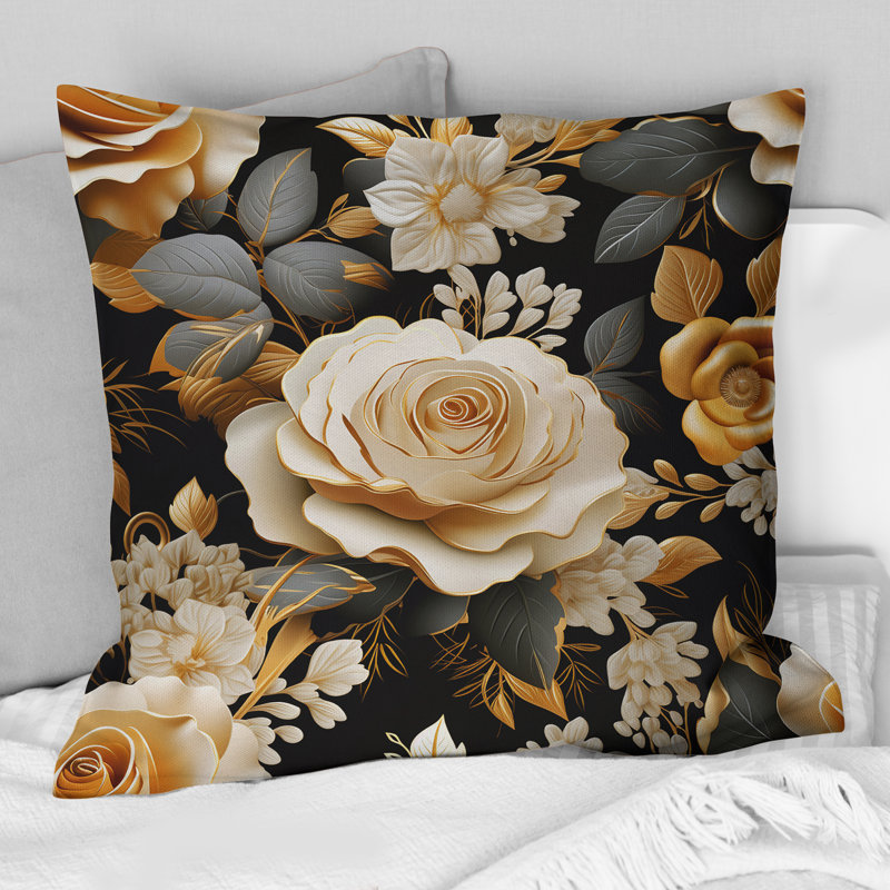 Coussin Elegant Beige Rose Harmony - imprimé floral, H 16 po x l 16 po