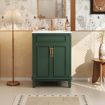 Meuble-lavabo de salle de bain avec lavabo supérieur, armoire de rangement moderne avec 2 portes à fermeture douce et tablette réglable, structure en bois massif.