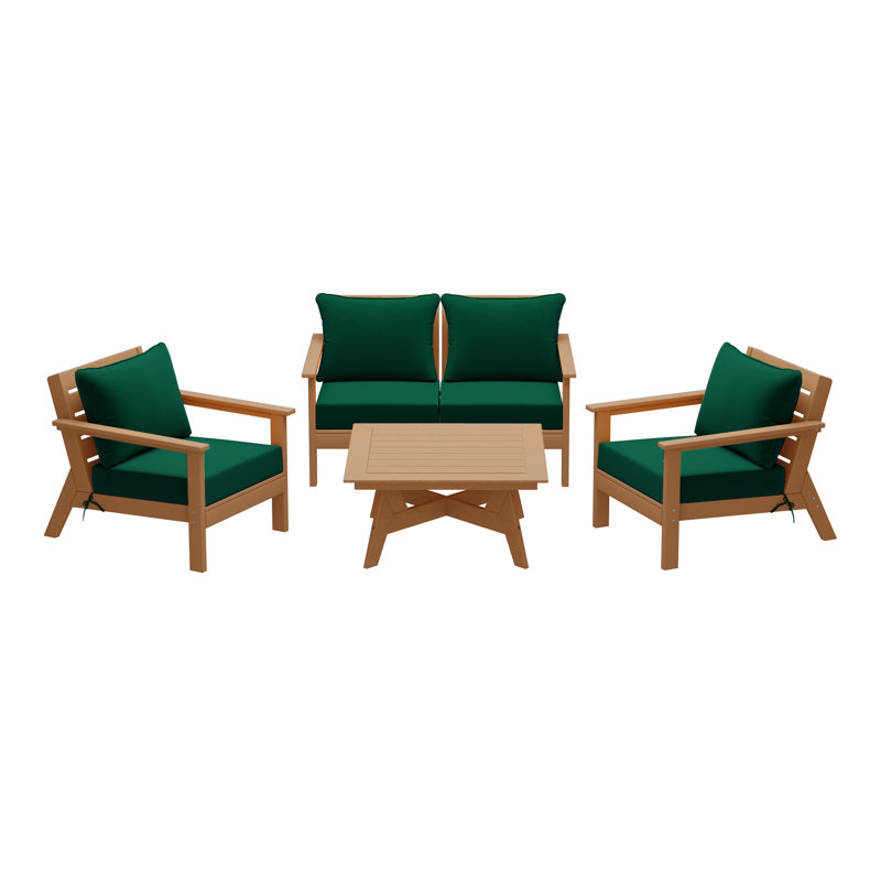 Ensemble de conversation à assise profonde 5 pièces, Vert, Teck