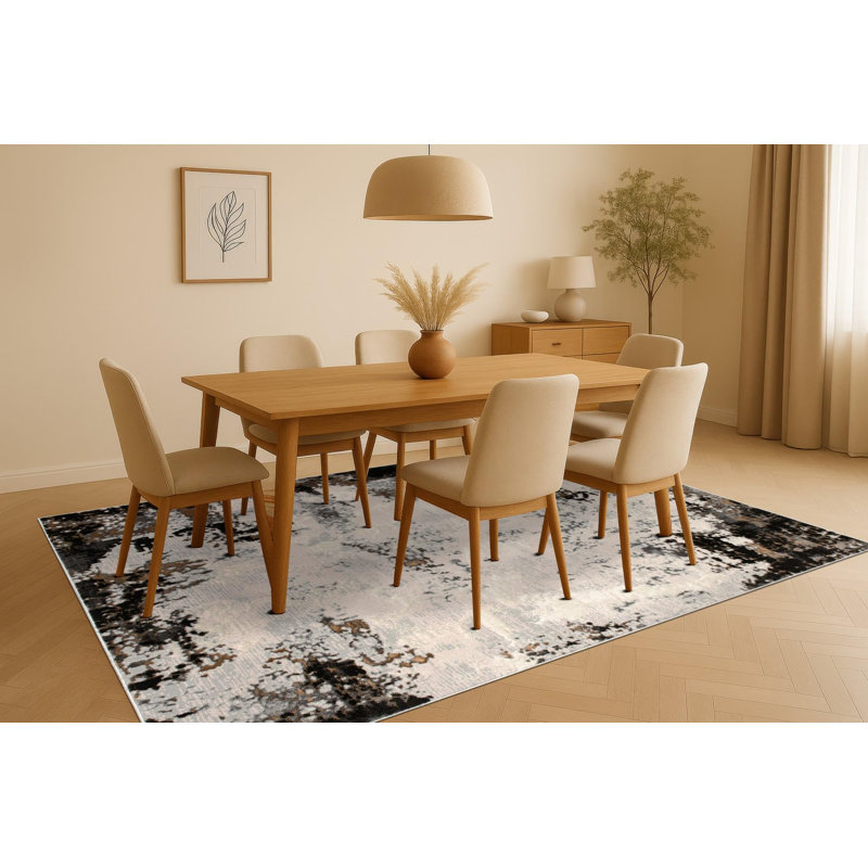  Tapis de chambre à coucher moderne abstrait 4 x 6 pi | Gris anthracite / beige / ivoire, Rectangle 4pi x 6 pi