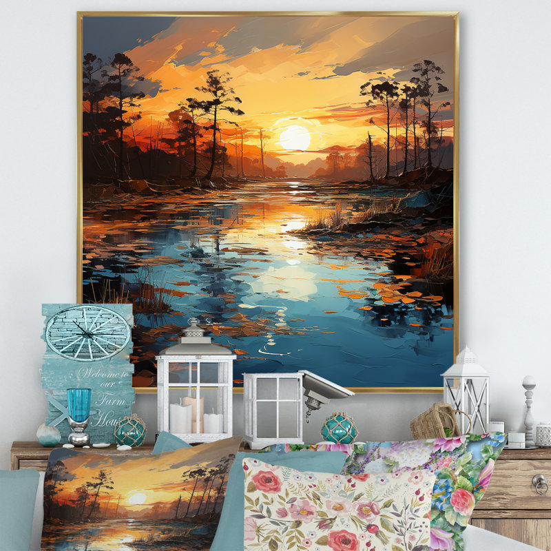 Par le lac Sunrise Reflections 2 - lac, art mural, Cadre flottant doré, H 30 po x l 30 po x P 1,5 po